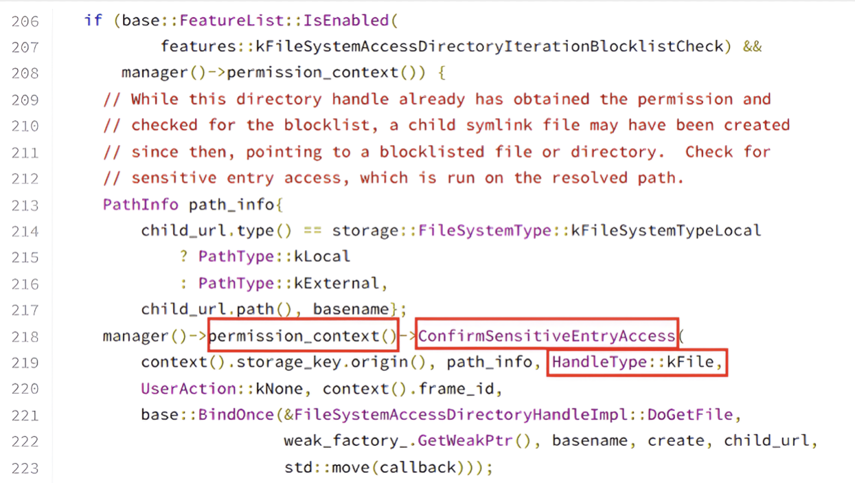 Chromium performs an additional verification before returning access to file entries that may resolve to sensitive locations